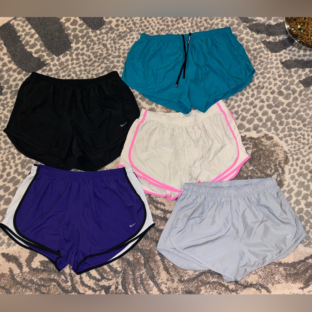5 pairs of Nike Dry Fit Shorts - Black, Purple, Teal, Gray, Cream
